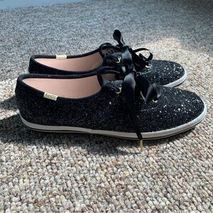 Kate Spade X Keds Collab Black Sparkly Sneakers Ribbon Lace Glittery Size 7.5
